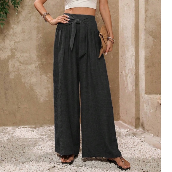 Solid Wide Leg High Waisted Smocked Tie Pants - Picture 5 of 7